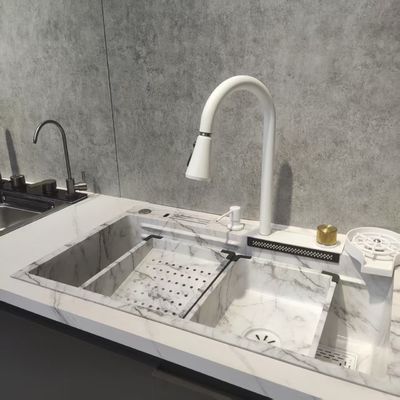 Giá tốt Bồn rửa nhà bếp gắn trên / đặt trong Bồn rửa nhà bếp đa chức năng màu trắng Chậu đôi bằng thép không gỉ gắn trên cùng | Máy đo thép tùy chỉnh có sẵn | Độ sâu lưu vực tùy chỉnh có sẵn | Chống rỉ & chống ăn mòn trực tuyến