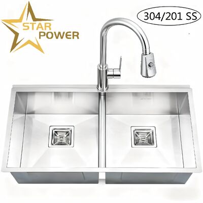 Giá tốt Bồn rửa chén bát thủ công bằng thép không gỉ 304 STAR POWER với thiết kế hai bồn và vòi rút trực tuyến