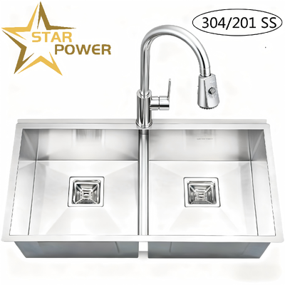 chất lượng  STAR POWER Brushed 304 Stainless Steel Handmade Kitchen Sink with Double-Bowl Design and Pull-Out Faucet nhà máy