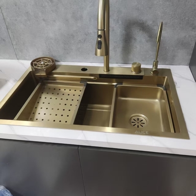 Bồn rửa chén SUS304 bằng thép không gỉ màu vàng đồng có bàn chờ