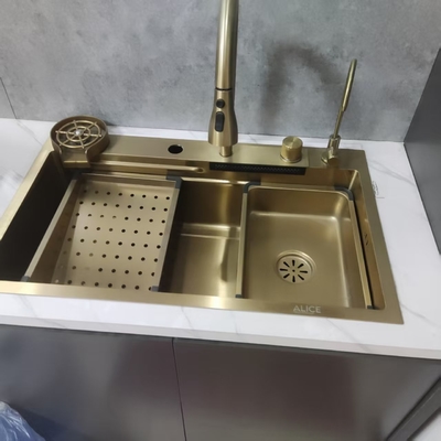 Bồn rửa chén SUS304 bằng thép không gỉ màu vàng đồng có bàn chờ