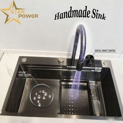 Giá tốt Matte Black Nano-Coated 304 Stainless Steel Kitchen Sink Undermount Double Bowl 750mm 230mm Deep Basin trực tuyến