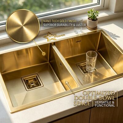 Giá tốt Gold-Toned Food-Grade 304 Stainless Steel Main Auxiliary Bowl Kitchen Sink Flush-Mount 900mm 250mm Deep Basin trực tuyến