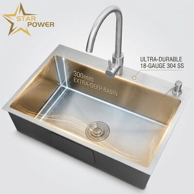 Giá tốt 18 Gauge 304 SS Double Bowl Cuisine Sink với 300mm Extra-Deep Basin và Top-Mount Installation trực tuyến