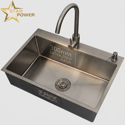Giá tốt 18 Gauge 304 SS bồn rửa nhà bếp với kết thúc PVD kim loại và 300mm Extra-Deep Main & Auxiliary Bowl trực tuyến