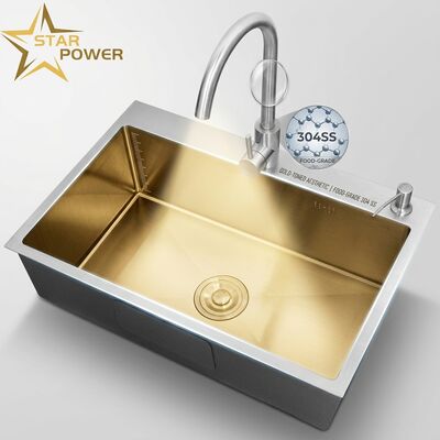 Giá tốt Chậu rửa bát bằng thép không gỉ 304 loại thực phẩm, chậu chính và phụ, mạ vàng, lắp âm, 900mm, bồn sâu 250mm trực tuyến