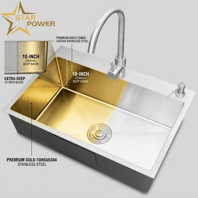Giá tốt Flush Mount / Inset Kitchen Sink SUS304 Stainless Steel Main & Auxiliary Bowl Kitchen Sink Gold-Toned Flush-Mount 700mm 10-Inch Extra-Deep Basin | Custom Basin Depth Available | Custom Steel Gauge Available trực tuyến
