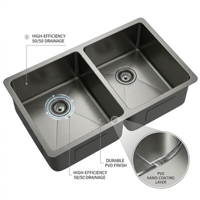 Giá tốt Chậu rửa bát âm bàn bằng thép không gỉ 304 màu PVD Gunmetal, 2 hố cân bằng 50/50, có lớp phủ đệm cao su chống ồn trực tuyến